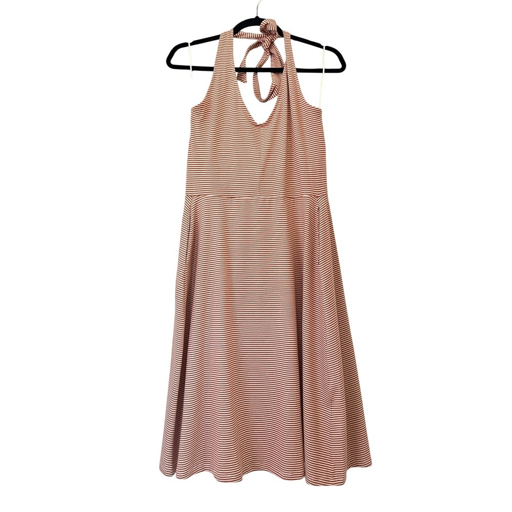 Pact Striped Midi Halter Dress in White and Burnt Orange